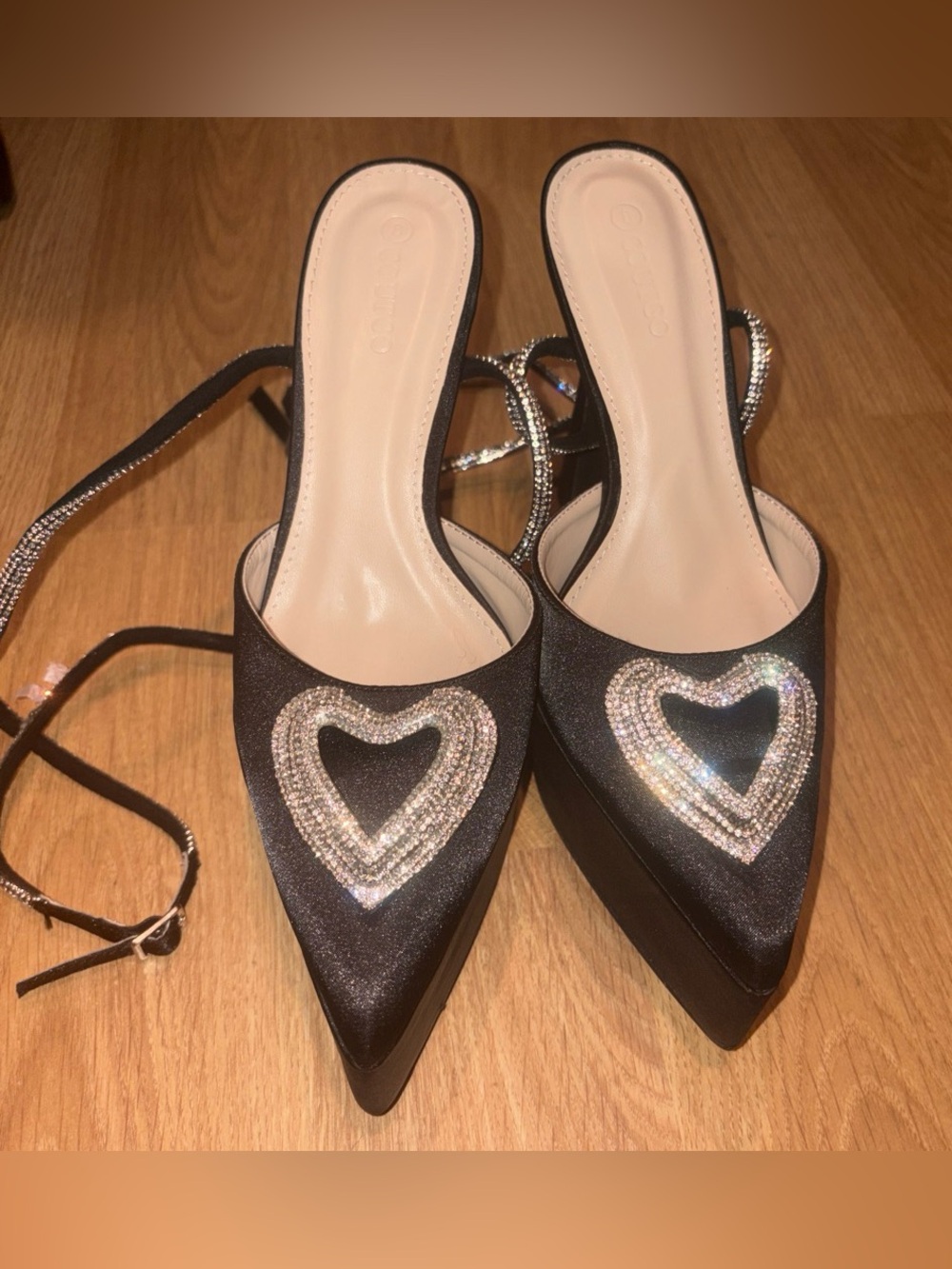 Never worn Black Satin Pointed-Toe platform Mules with Crystal Heart Accent